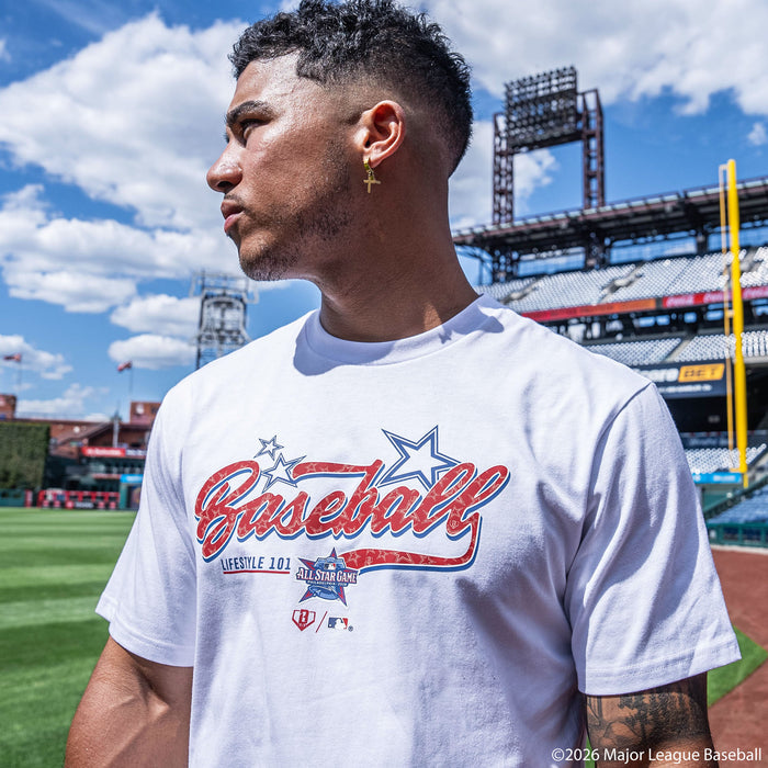 Adult model wearing Red, White & Blue graphic tee with "BL101 All-Star Game" design