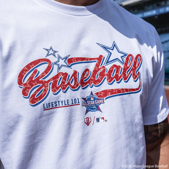 Adult model wearing Red, White & Blue graphic tee with "BL101 All-Star Game" design