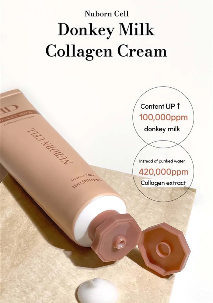 Donkey Milk Collagen Cream with product details on a beige background
