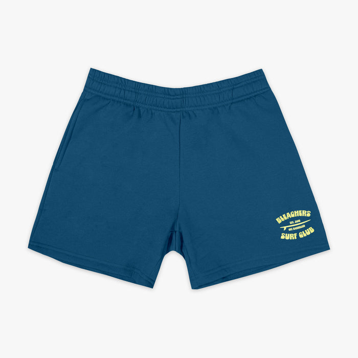 Blue shorts with "Bleachers Surf Club" design — front view