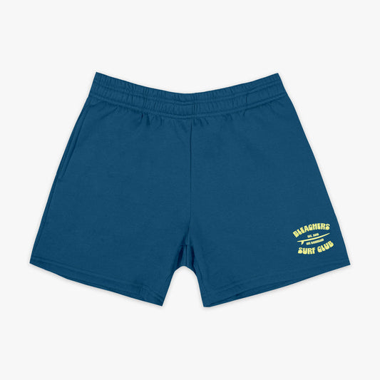 Blue shorts with "Bleachers Surf Club" design — front view