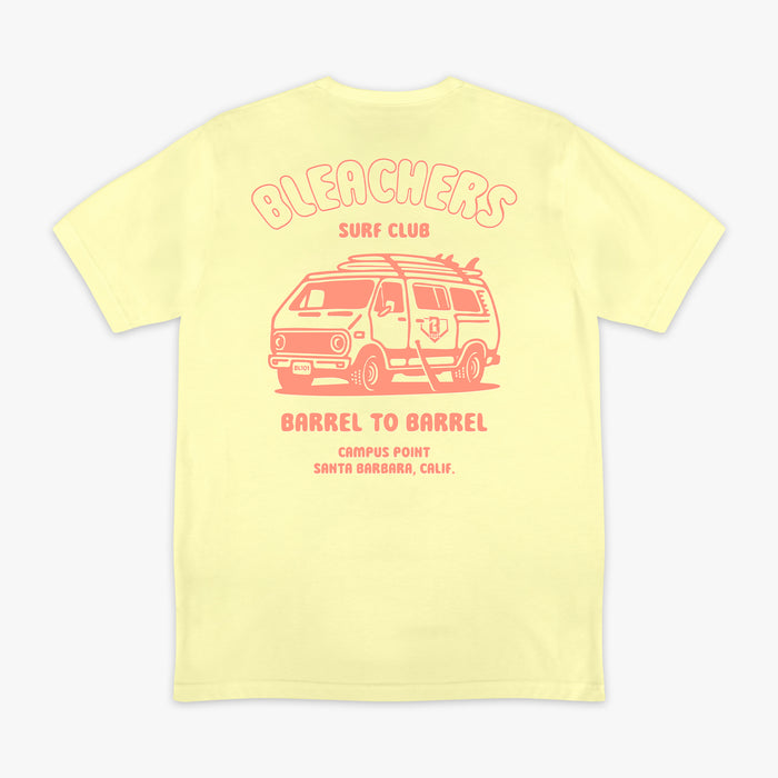 Yellow graphic tee with "Bleachers Surf Club" design — back view