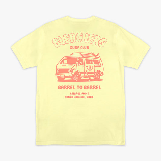 Yellow graphic tee with "Bleachers Surf Club" design — back view