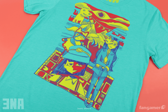 A photograph of the Blood Hub t-shirt. An ENA design featuring numerous Dream BBQ elements in an off-kilter, line-shaded style is printed in red and yellow on a teal garment.