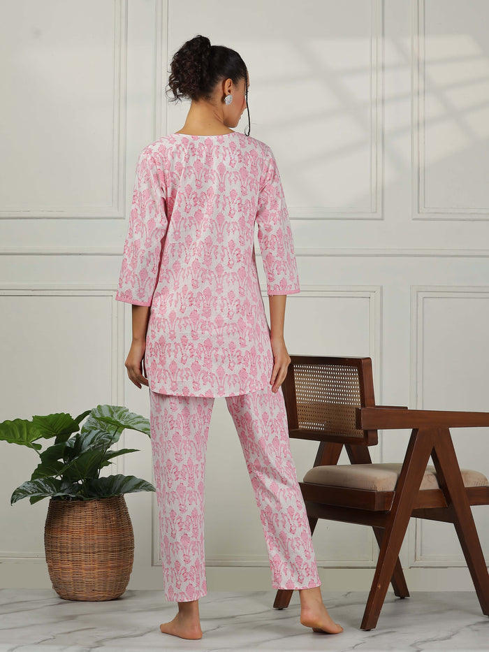 Elegant Floral Blush Pink Cotton Pajama Set for Women