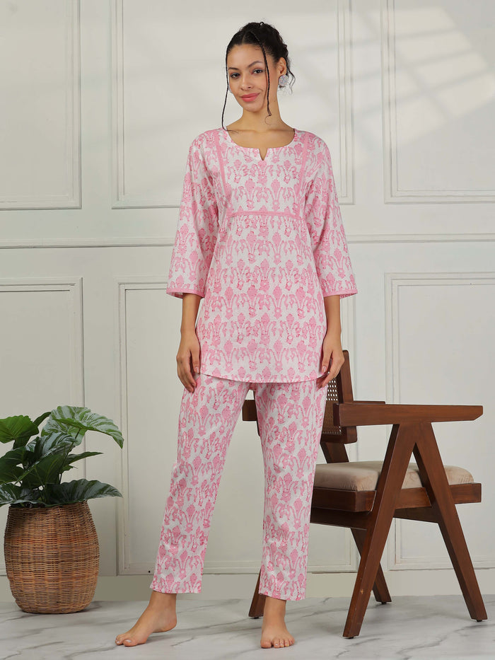 Elegant Floral Blush Pink Cotton Pajama Set for Women