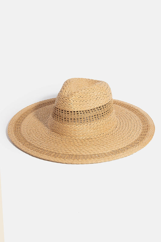 Boho flat brim straw hat from Collections by Fame Accessories featuring a wide brim and stylish bohemian design.