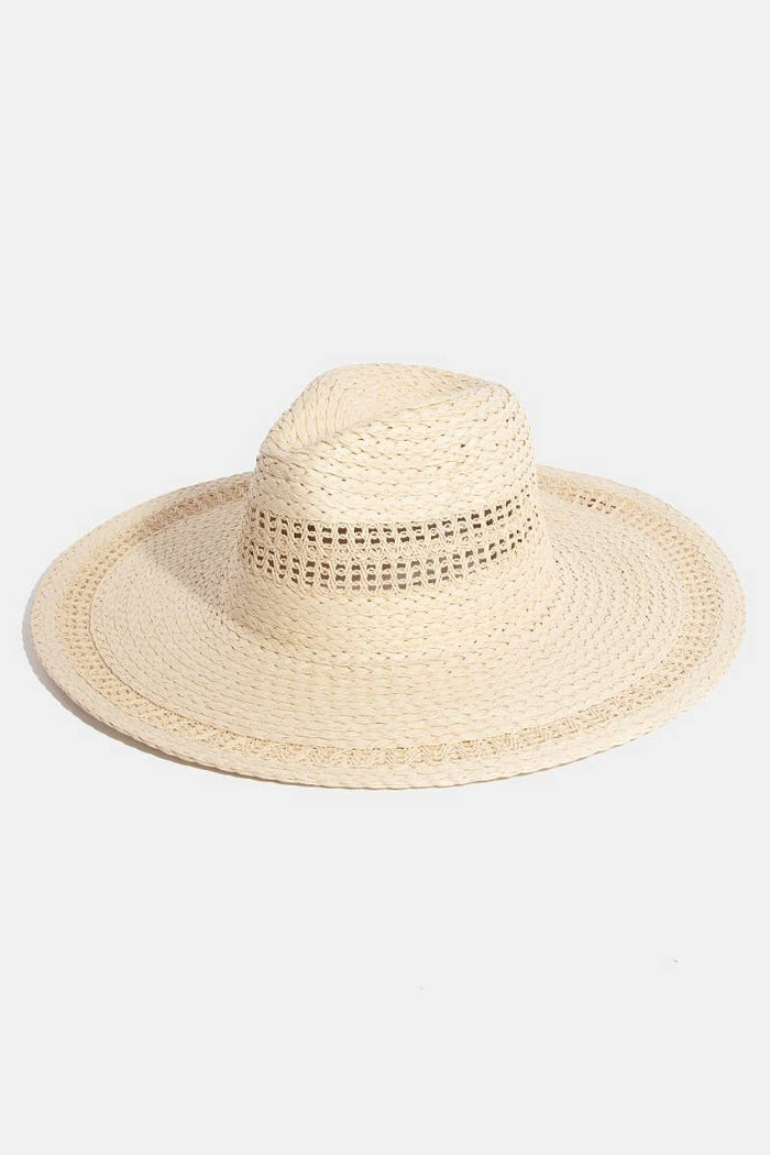 Boho flat brim straw hat from Collections by Fame Accessories, featuring a wide brim and woven straw design for summer style