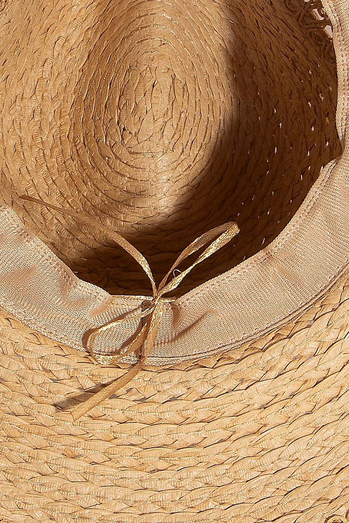 Boho flat brim straw hat from Collections by Fame Accessories, featuring a wide brim and woven straw design for stylish sun protection.