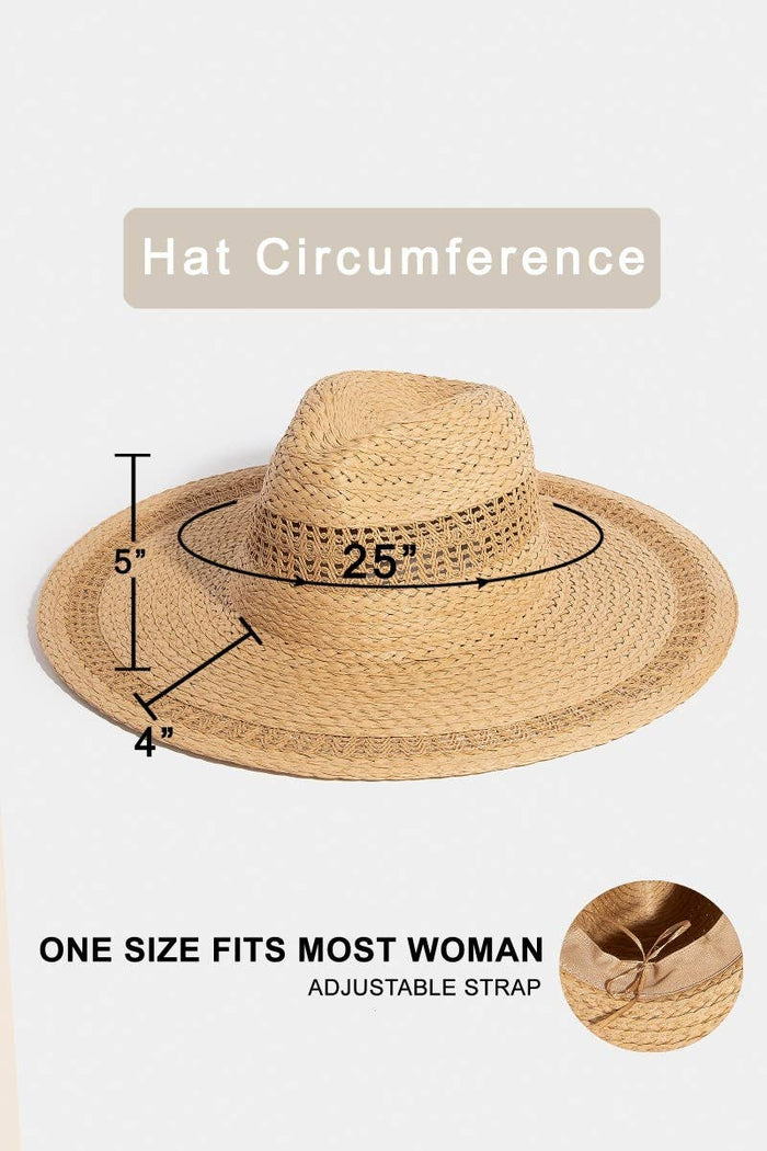 Boho flat brim straw hat from Collections by Fame Accessories, featuring a wide brim and woven straw design for a stylish summer look.