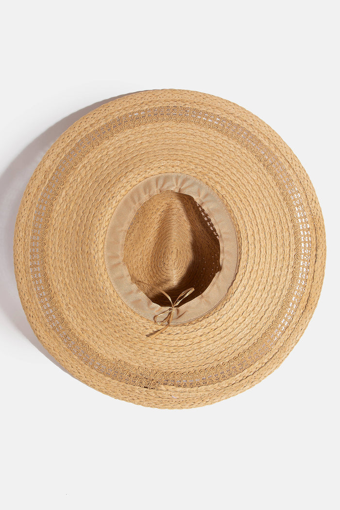 Boho flat brim straw hat by Collections by Fame Accessories, featuring a wide brim and woven straw design for summer style.