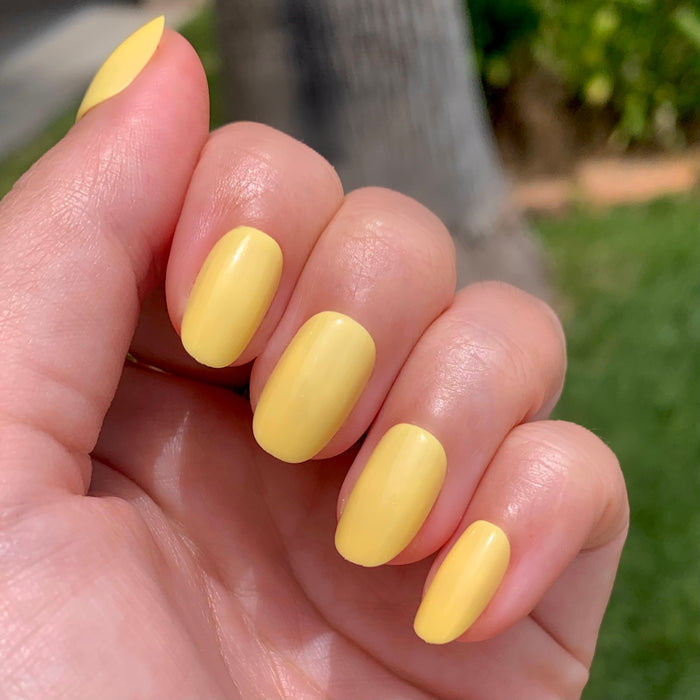 Bright & Focused | Round | Short press-on nails in smooth, glossy yellow shade shown on hand outdoors in natural light