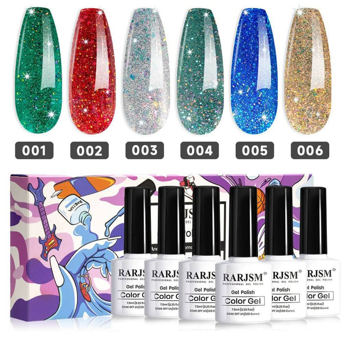 Brilliant Fireworks Glitter Gel Polish TPO HEMA Free 6 Colors Set 7.5ml