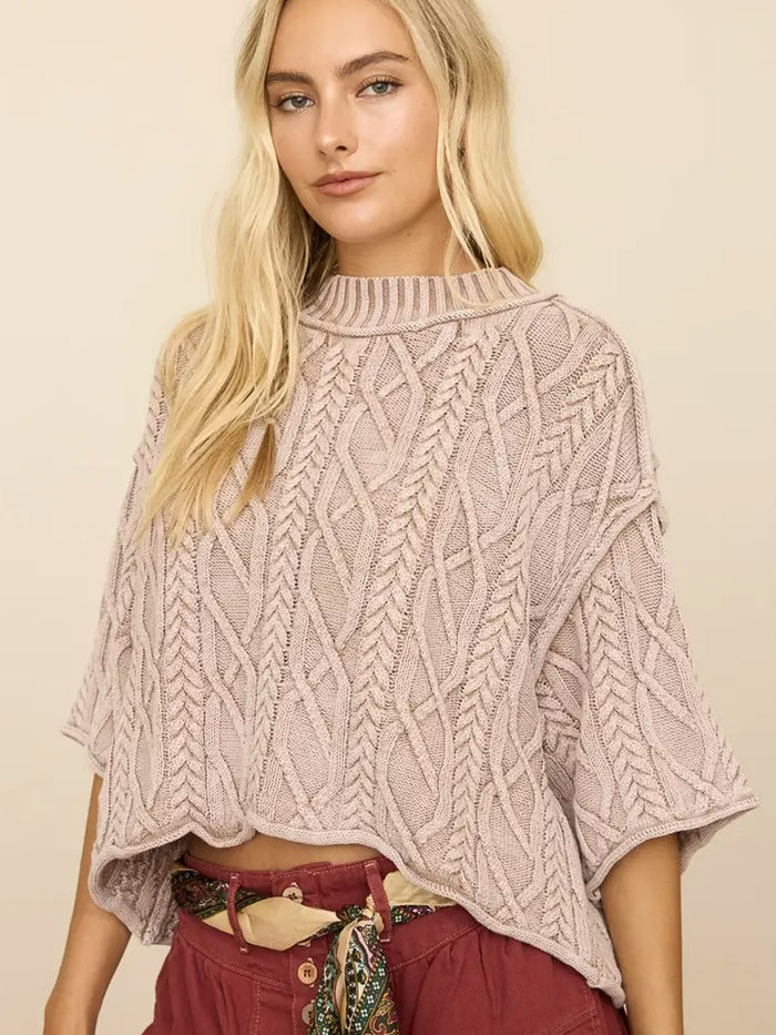 CABLE KNIT OVERSIZED SHORT SLEEVED SWEATER - MOCHA SWEATERS OAK CLOTHING CO.