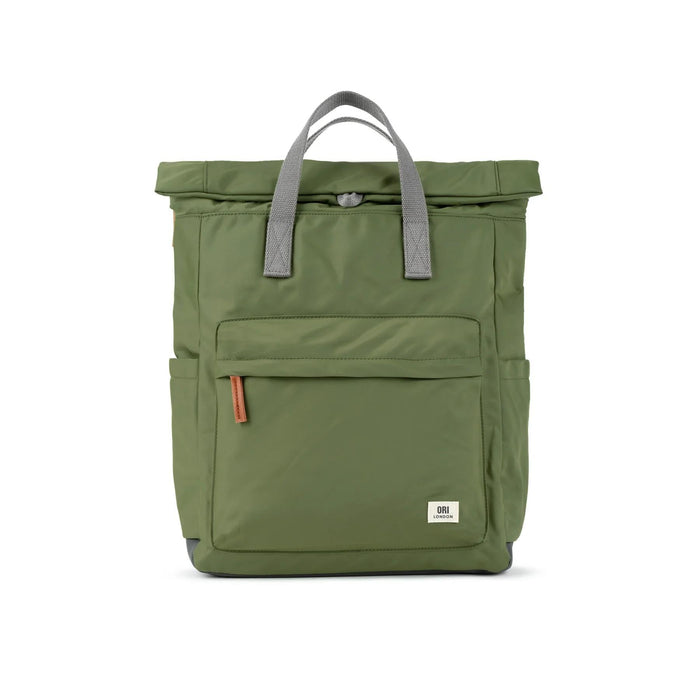 Avocado green large recycled nylon backpack with front zip pocket and gray web handles