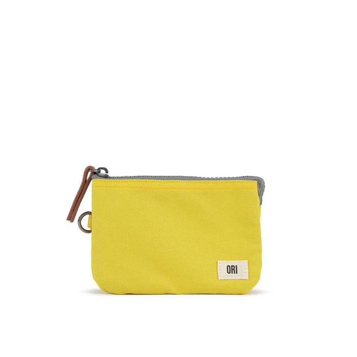 Small yellow canvas zipper pouch with brown leather pull and ORI front label