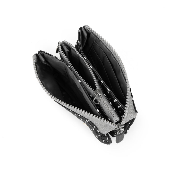 Small recycled canvas zipper pouch, black interior view with double-zip opening
