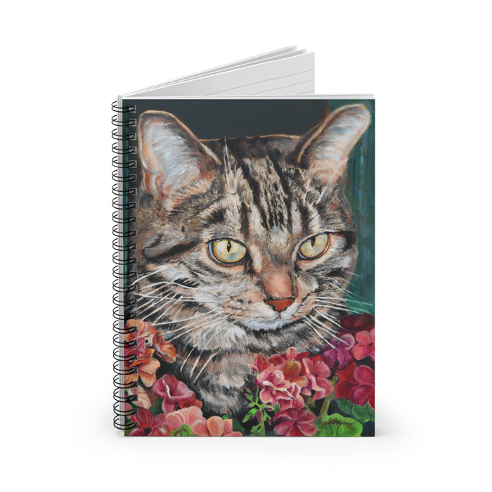 Cat Portrait Spiral Notebook — Tabby Cat with Flowers Ruled Journal