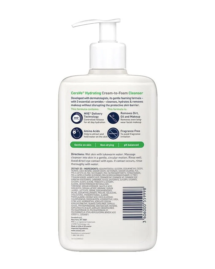 CERAVE Hydrating Cream-To-Foam Cleanser For Normal To Dry Skin Removes Makeup غسول البشرة الكريمي الفوم من سيرافي