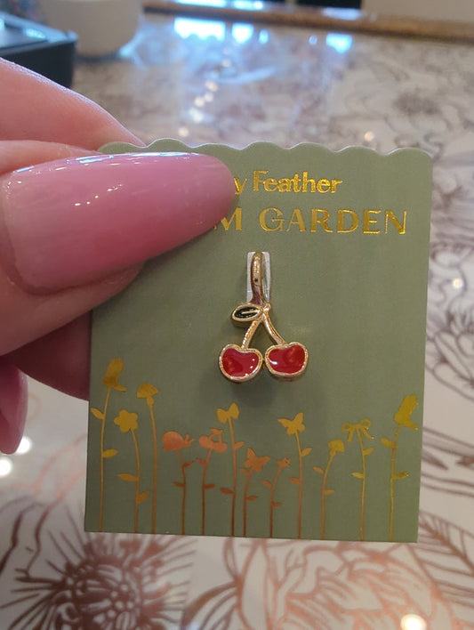 Lucky Feather Charm Garden Cherry Gold charm with intricate cherry design, perfect for charm bracelets and jewelry.