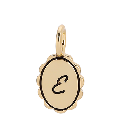 Gold scalloped initial charm from Lucky Feather's Charm Garden collection, featuring the letter E on a delicate charm.