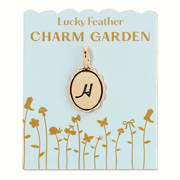 Gold Lucky Feather Charm Garden scalloped initial H charm showing intricate scalloped edges and a gold finish.