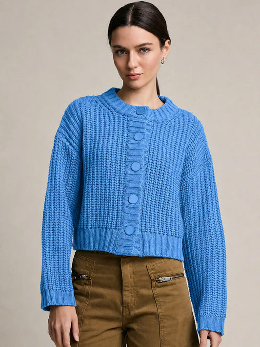 CHUNKY KNIT BUTTON FRONT CARDIGAN - BLUE SWEATERS OAK CLOTHING CO.