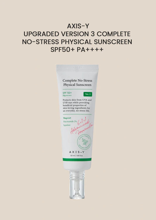 Tube of Axis-Y sunscreen on a beige background