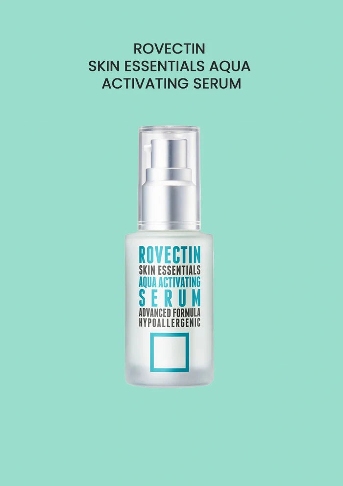 Rovectin Skin Essentials Aqua Activating Serum bottle on a light blue background