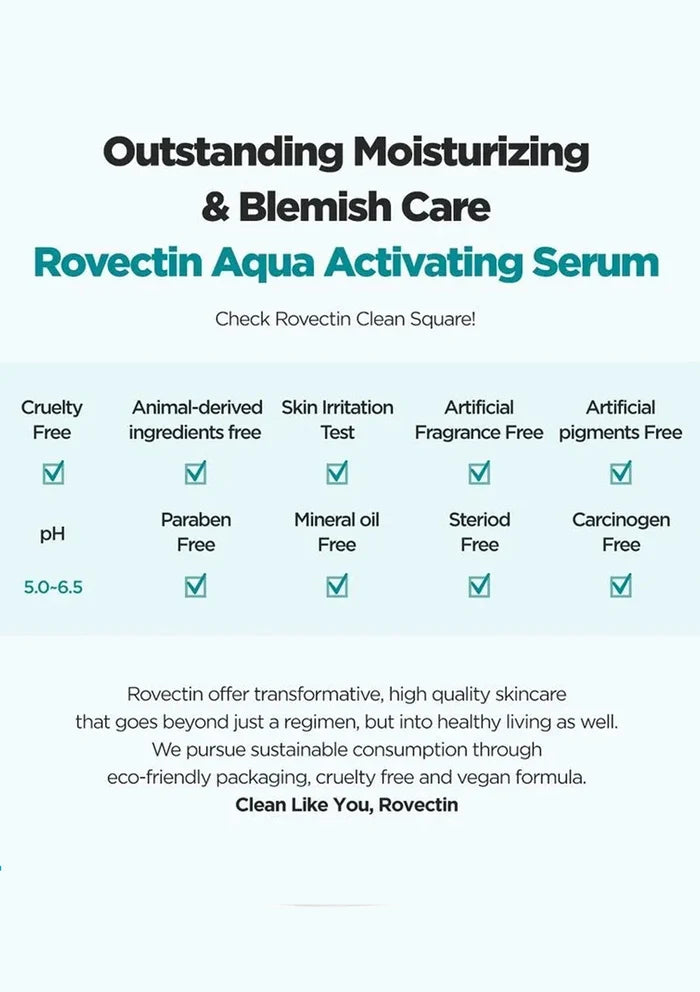 Rovectin Aqua Activating Serum product information sheet with checkmarks and text on a white background.
