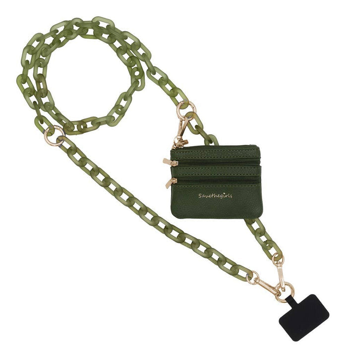 Save The Girls Clip & Go Ice Chain with Pouch for phones, featuring a clear plastic chain and matching pouch for easy carrying.