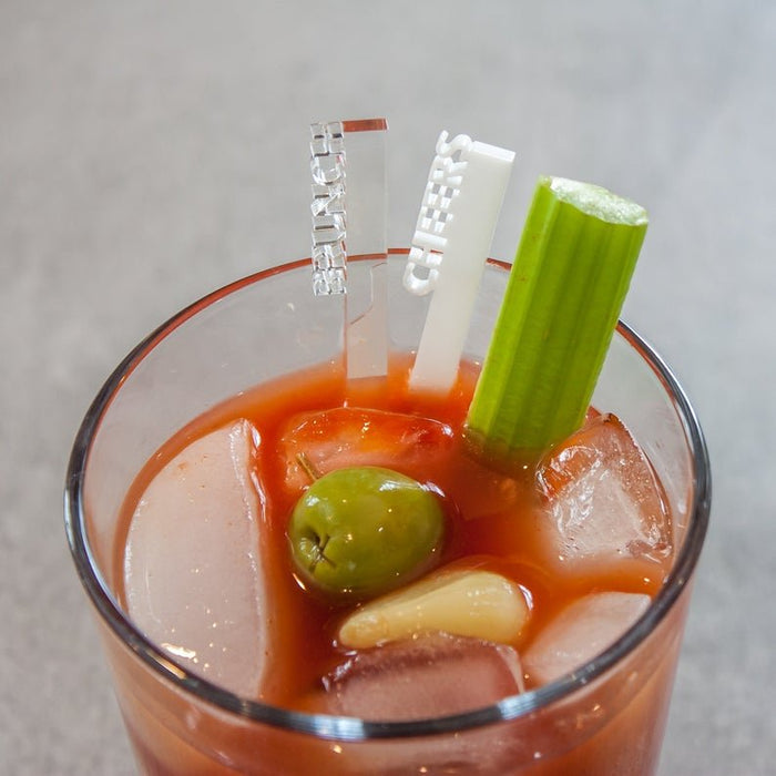 Cocktail Picks - Personalized Text - White cheers and clear brunch in bloody mary - Laser Cut by LeeMo Designs