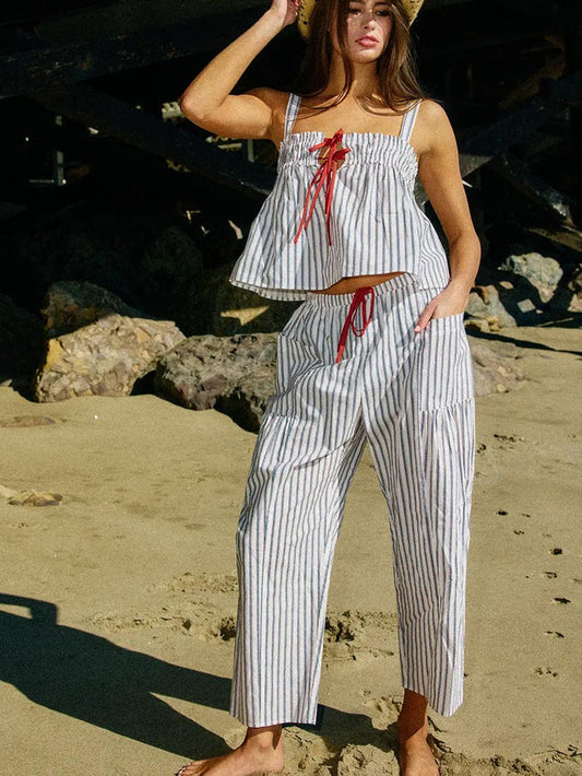 CONTRAST DRAWSTRING STRIPE PANTS - WHITE/NAVY/RED PANTS OAK CLOTHING CO.