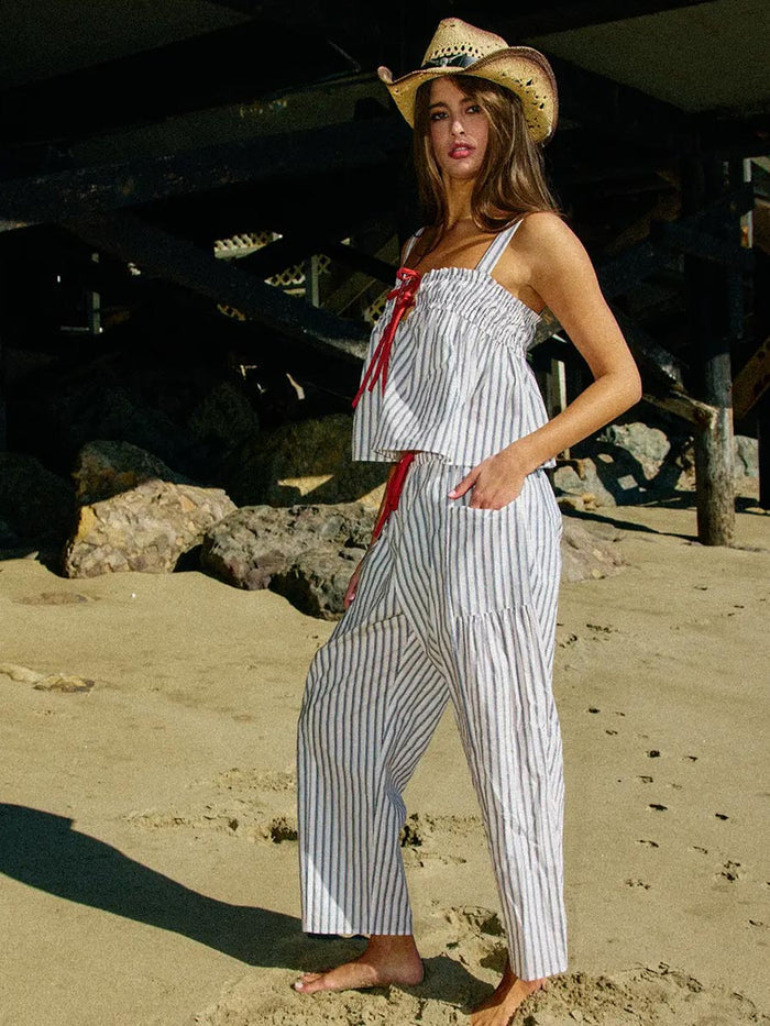 CONTRAST DRAWSTRING STRIPE PANTS - WHITE/NAVY/RED PANTS OAK CLOTHING CO.