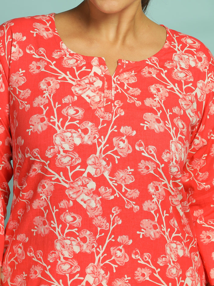Trendy Coral Pink Floral Cotton Womens Pyjama Set