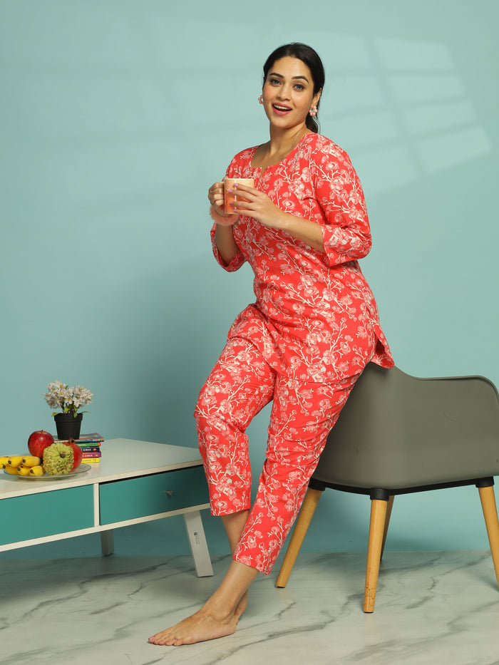 Trendy Coral Pink Floral Cotton Womens Pyjama Set