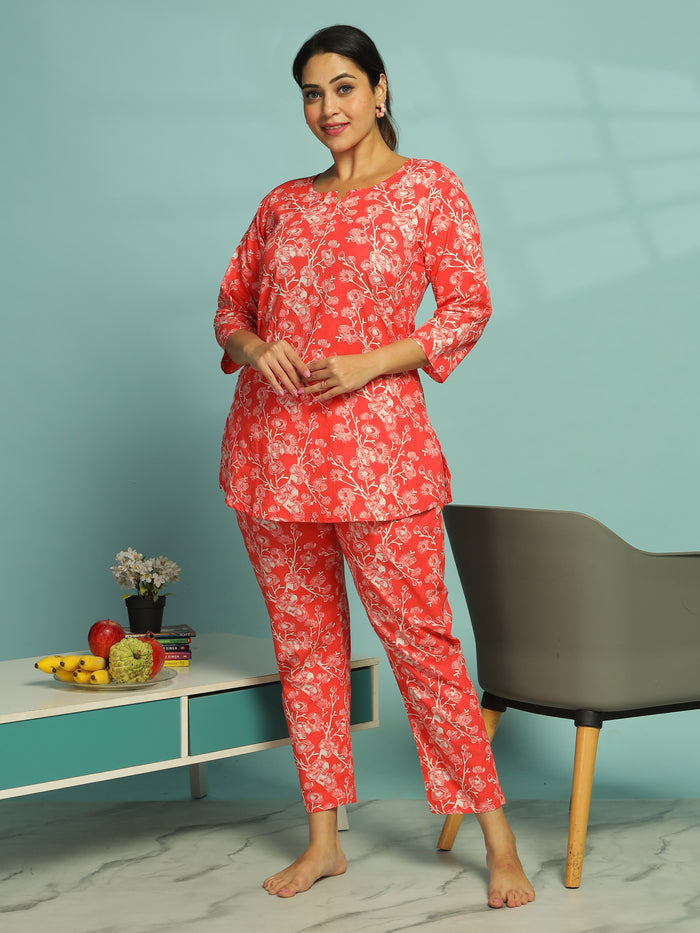 Trendy Coral Pink Floral Cotton Womens Pyjama Set