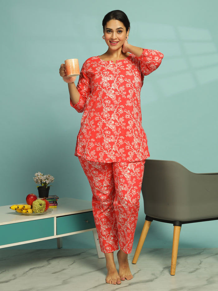 Trendy Coral Pink Floral Cotton Womens Pyjama Set