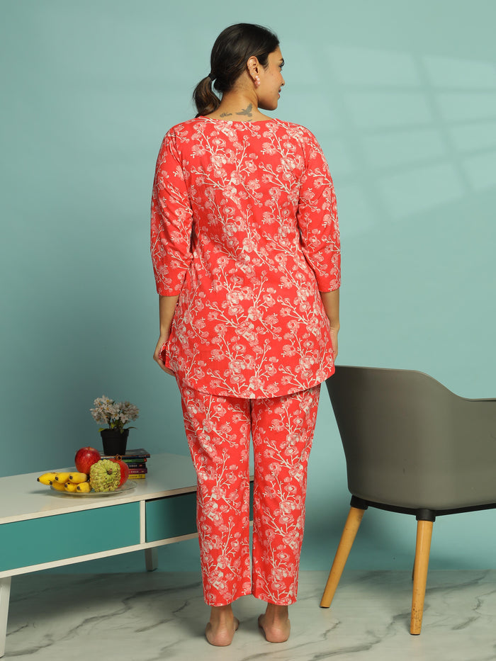 Trendy Coral Pink Floral Cotton Womens Pyjama Set