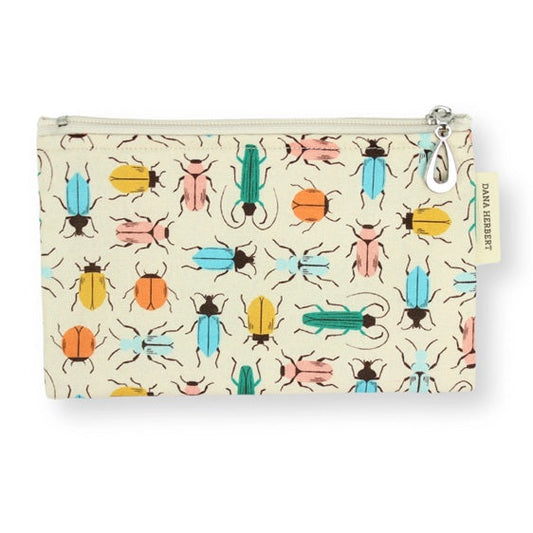Beige cotton coin purse with colorful beetle pattern and zip closure