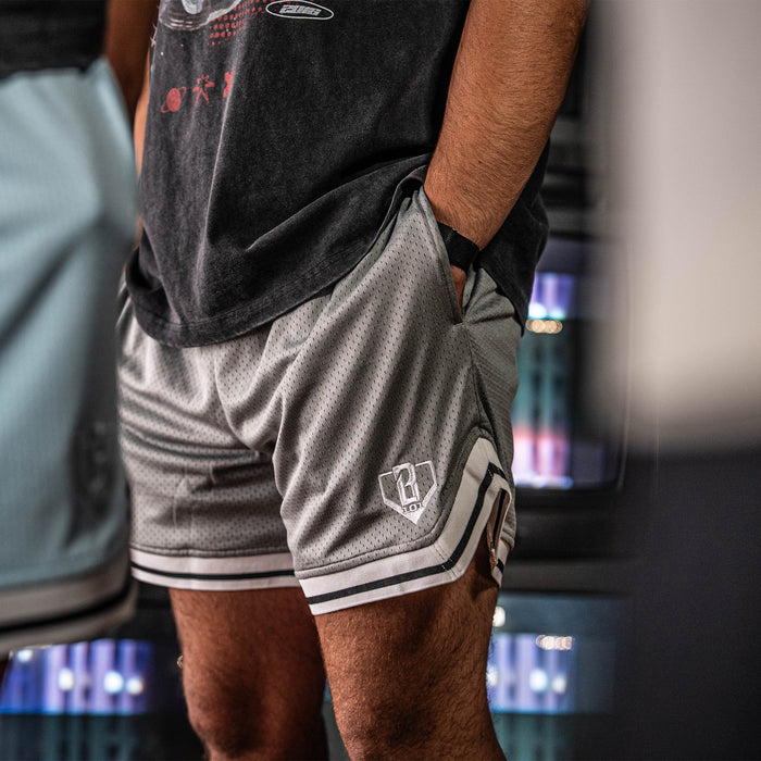 Adult model wearing gray Court Slate Gray shorts