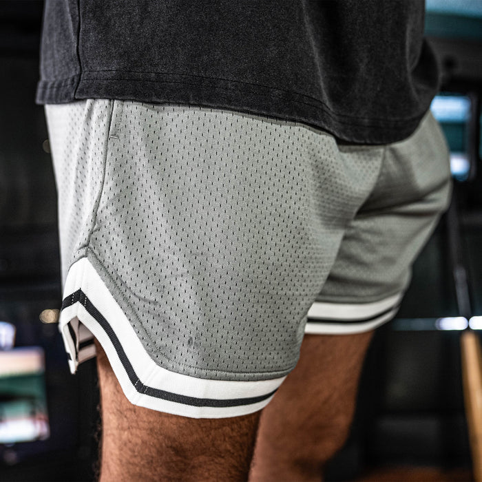 Adult model wearing gray Court Slate Gray shorts