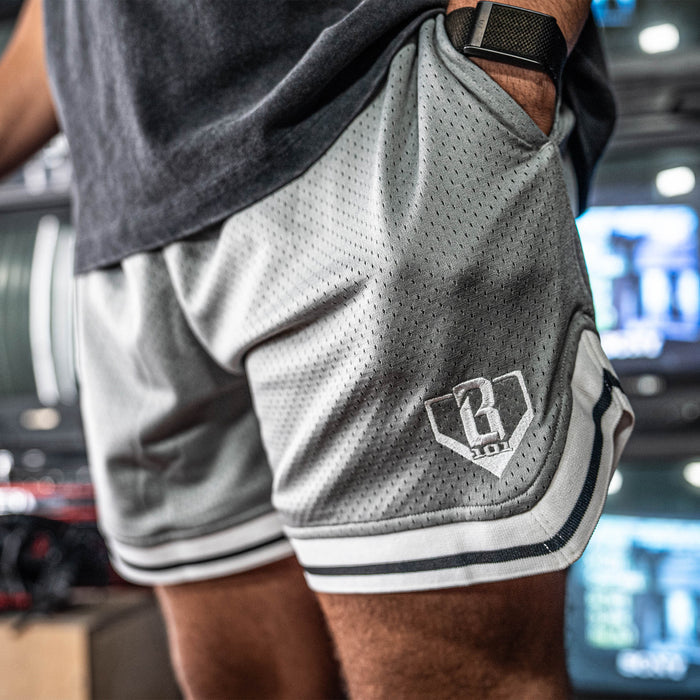 Adult model wearing gray Court Slate Gray shorts