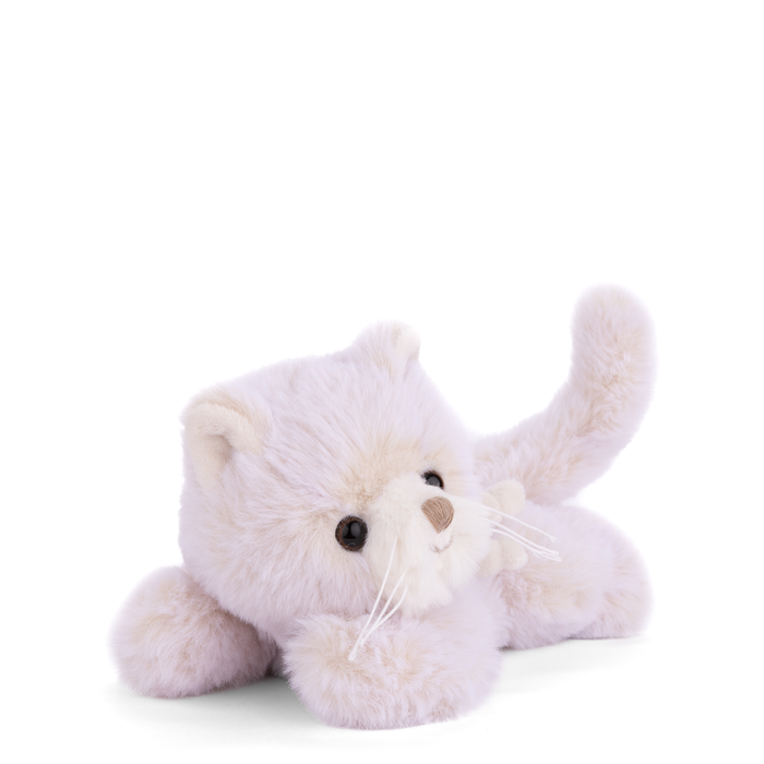 White plush cat with long whiskers, lying on its side, soft fuzzy texture