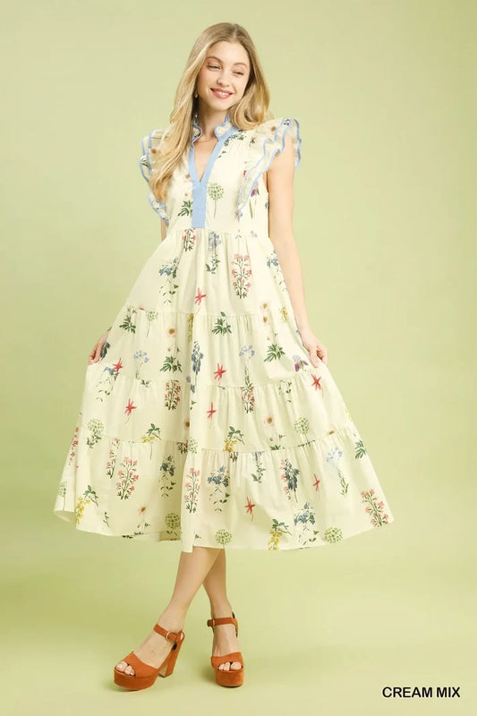 Cream Mix Floral Midi Dress