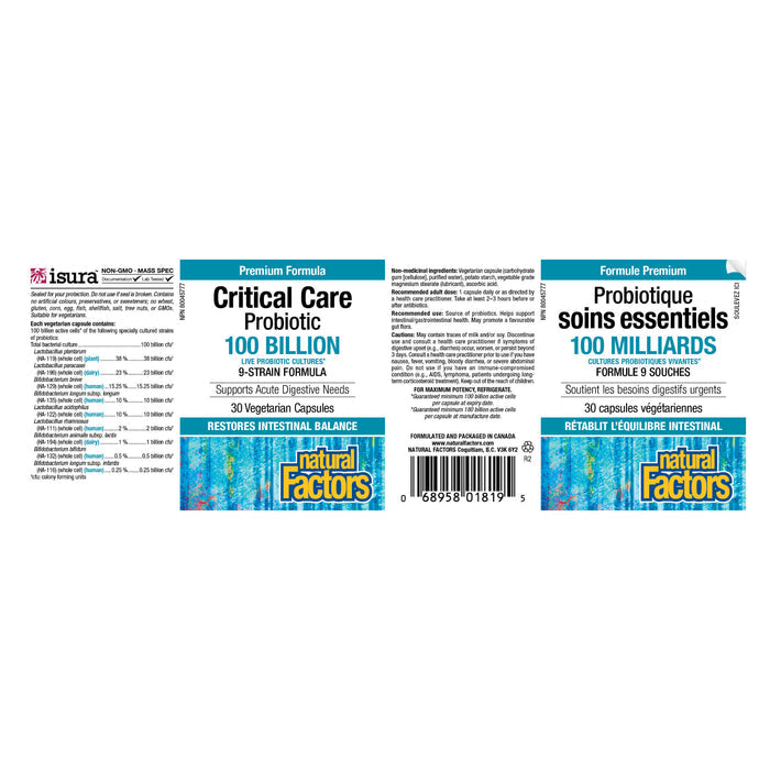 Natural Factors Critical Care Probiotic 100 Billion Label