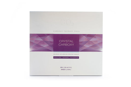 The CRYSTAL CARBOXY MASK packaging showcasing the non-invasive carboxytherapy technology. This image features an elegantly designed box for the imported face mask, highlighting the benefits of the Stayve Korean Masks and Tok Tok Mask.