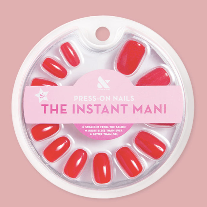 CV - Press-On | Short | Round showing bright cherry red short round press-on nails in circular packaging