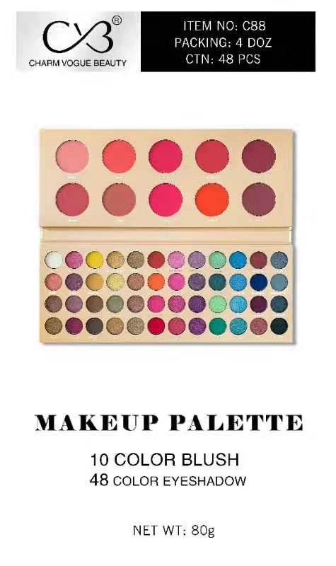 Makeup palette with 10 color blush and 48 color eyeshadow on a white background, branded as ChiaRia Vogue Beauty.