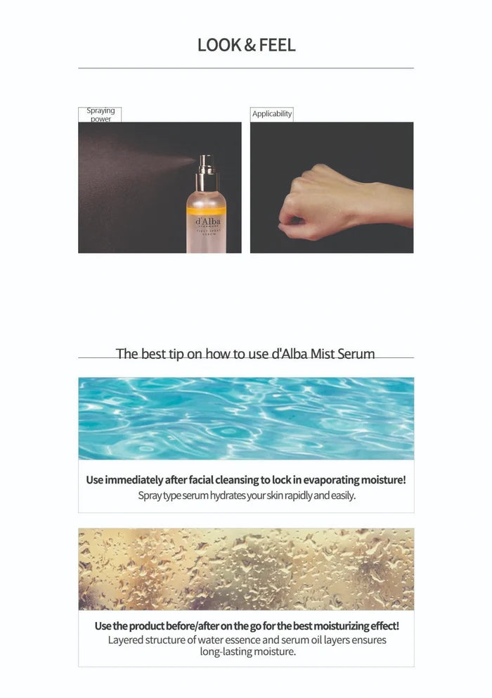 Product packaging with text on how to use d'Alba Mist Serum, including images of the serum bottle and a hand holding it.